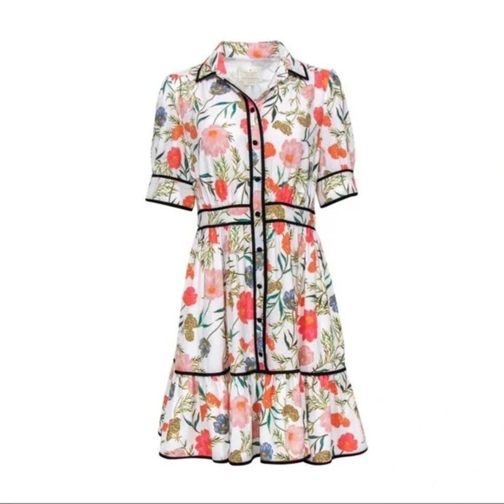 kate spade White Floral Button-Front Dress with Black Piping